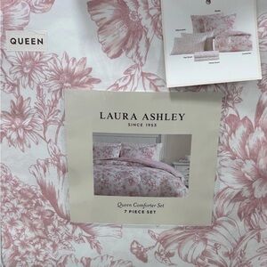 Laura Ashley Floral Pink and White 7 Piece Queen Comforter Set